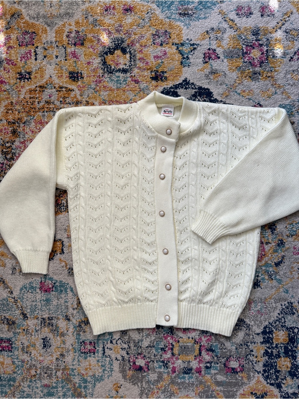Vintage Made in England Cream Cable Knit Pointelle Cardigan Pearl Buttons Medium